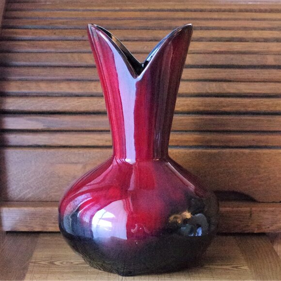 Red and Black Vase, Red Over Black 10" Vase, Danesi Arts Pottery, 1960s Fat Lava - Picture 2 of 6